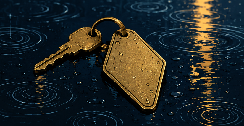 Illustration of brass motel keys on rain-soaked dark pavement with golden reflections.