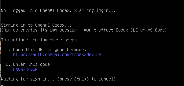 Hermes displays the device-login URL and temporary code