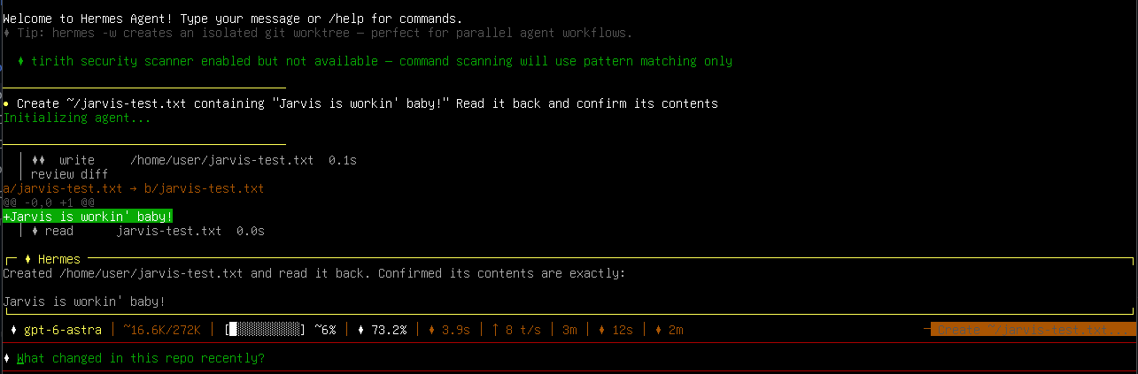 Hermes creates the file and reads it back