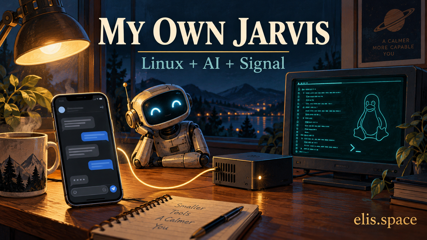 Retro robot assistant beside a phone, Linux computer, and terminal, with the headline My Own Jarvis.