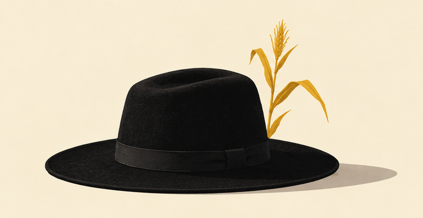 Minimalist illustration of a black broad-brimmed hat with a golden corn stalk on a cream background.